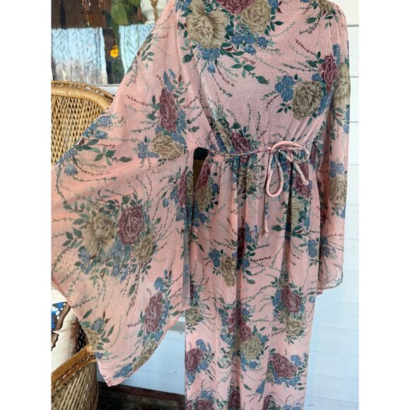 Vintage 60's Pink Floral Chiffon Style Maxi Dress Batwing Sleeves Sz L Boho - Picture 11 of 16